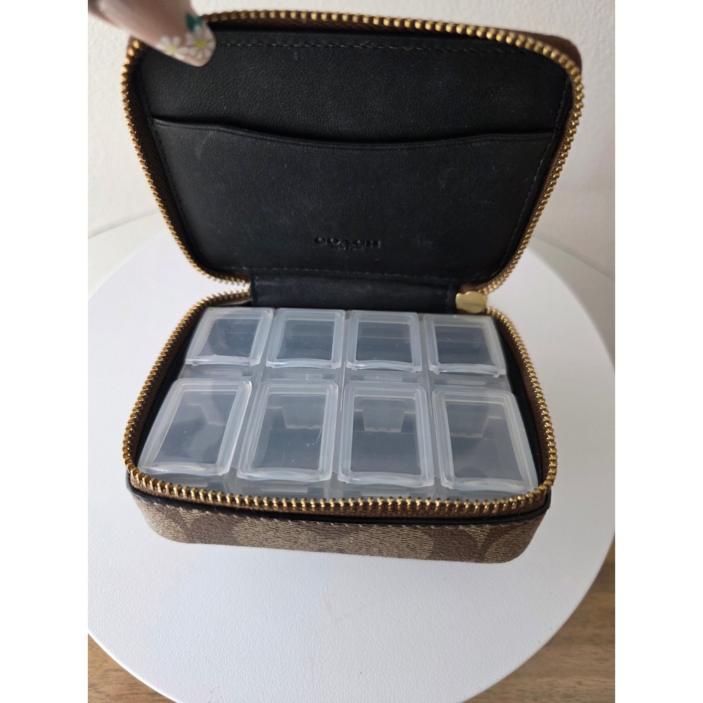 Coach Signature Canvas Pill Box Case Brown Tan Zip Around Travel Organizer